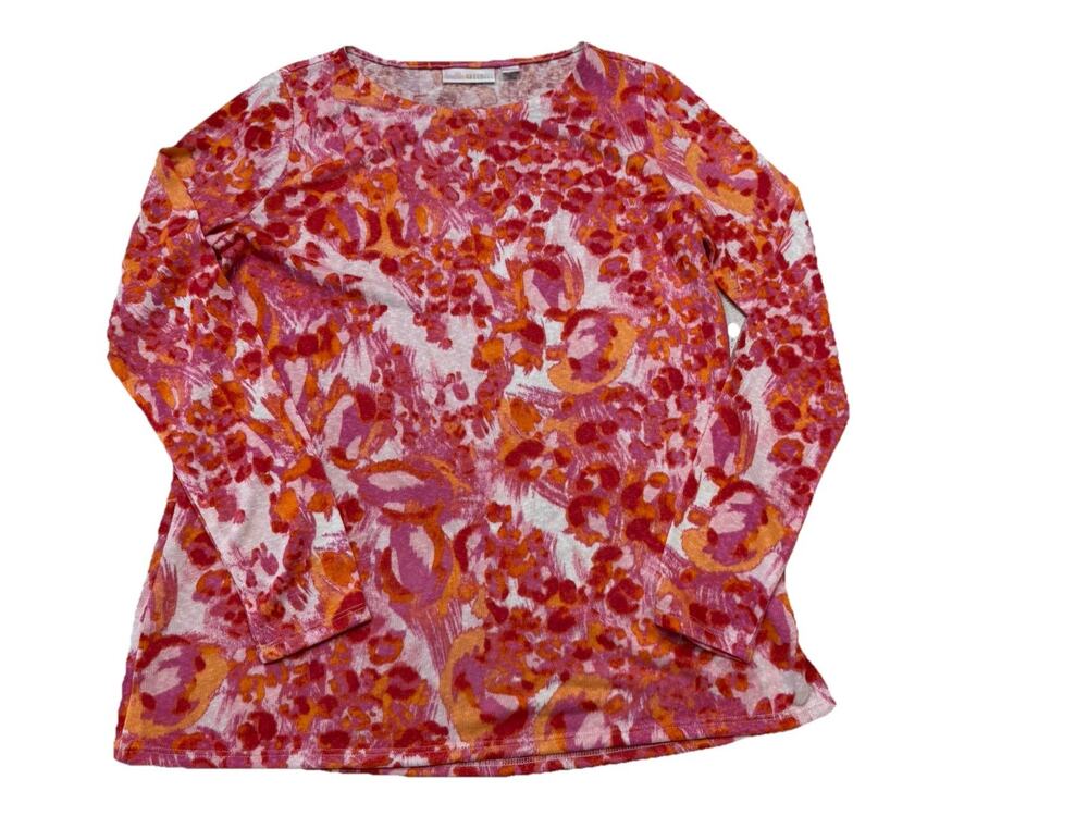Belle By Kim Gravel QVC Red Pink Abstract Floral Blouse Women's XS Oversized